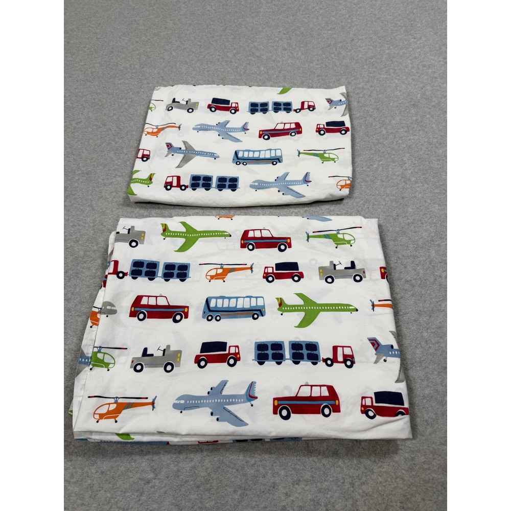 Pottery Barn Kids Twin Flat Sheet Pillowcase Set Transportation Planes Cars Bus